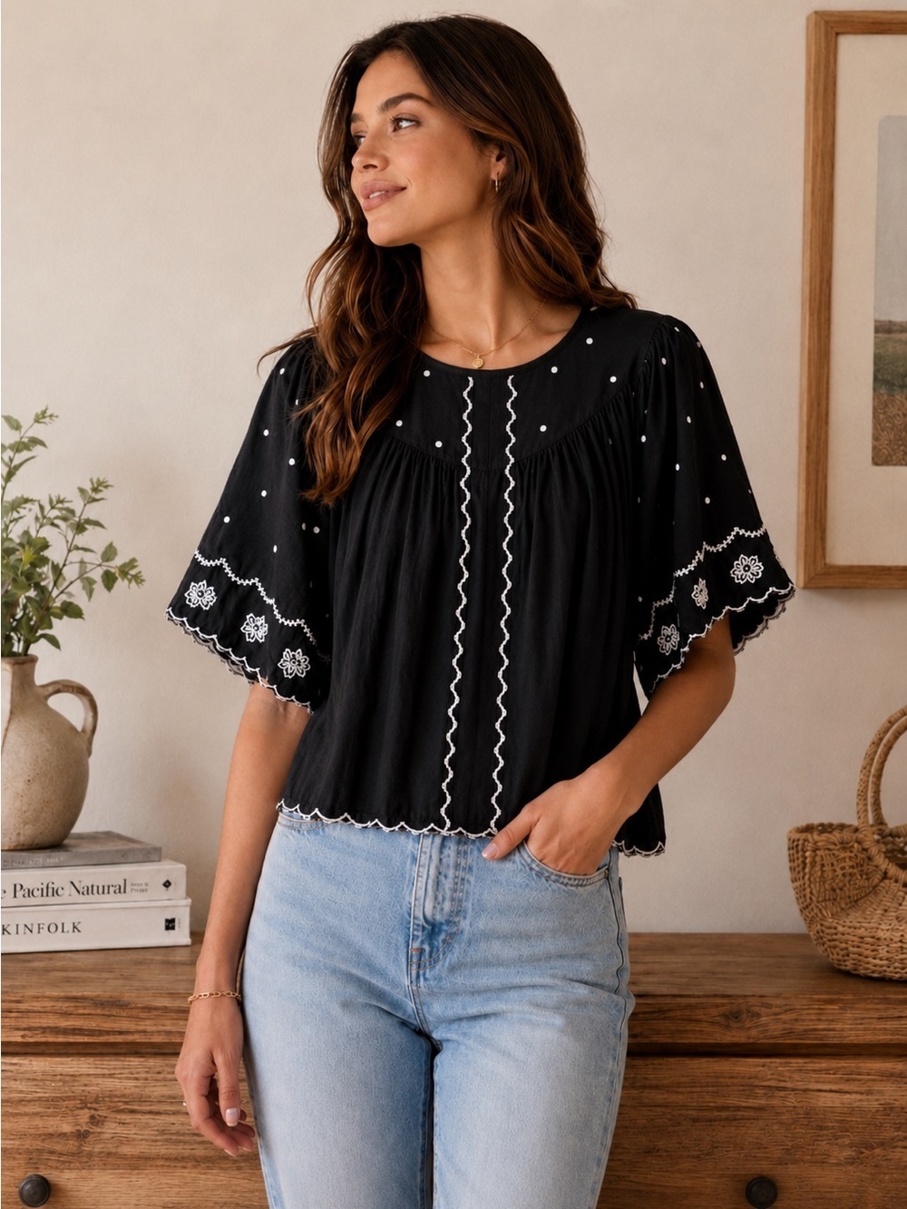 LOFT Black Embroidered Polka Dot Boho Peasant Top Small